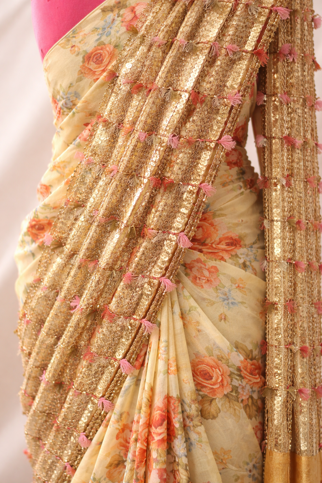 Floral Yellow Saree with Coin Detailing Work
