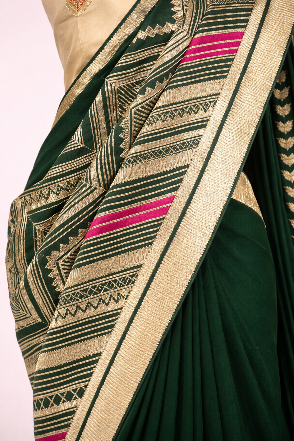 Half & Half Georgette Saree with Gota Work – Bottle Green