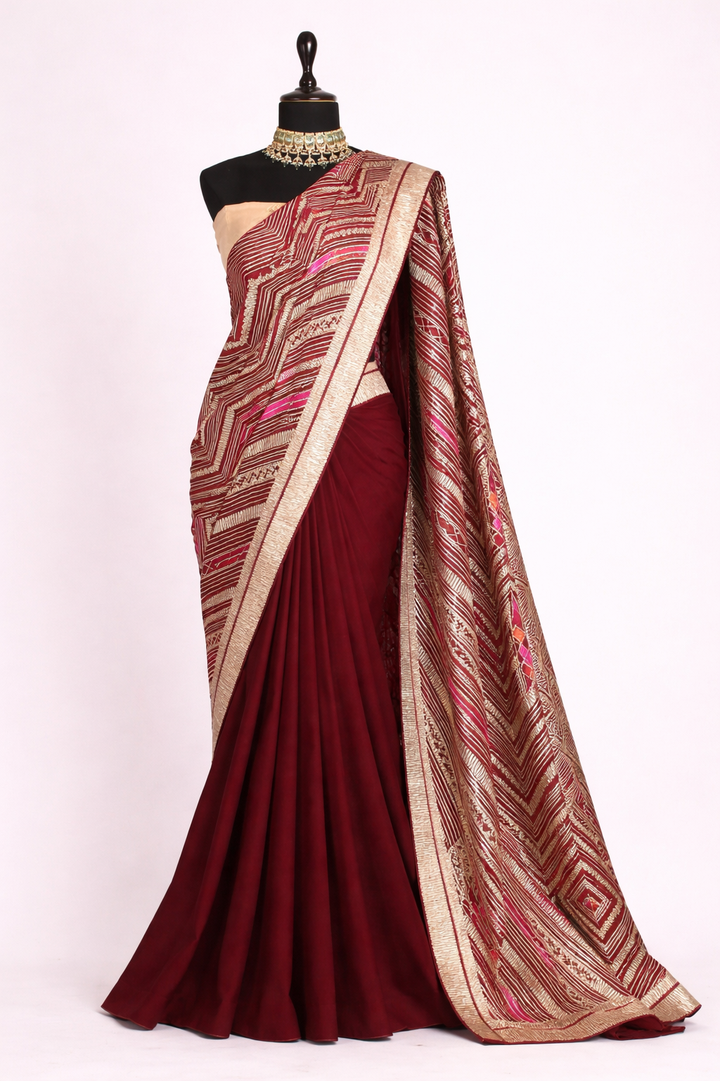 Half & Half Georgette Saree with Gota Work – Bottle Maroon