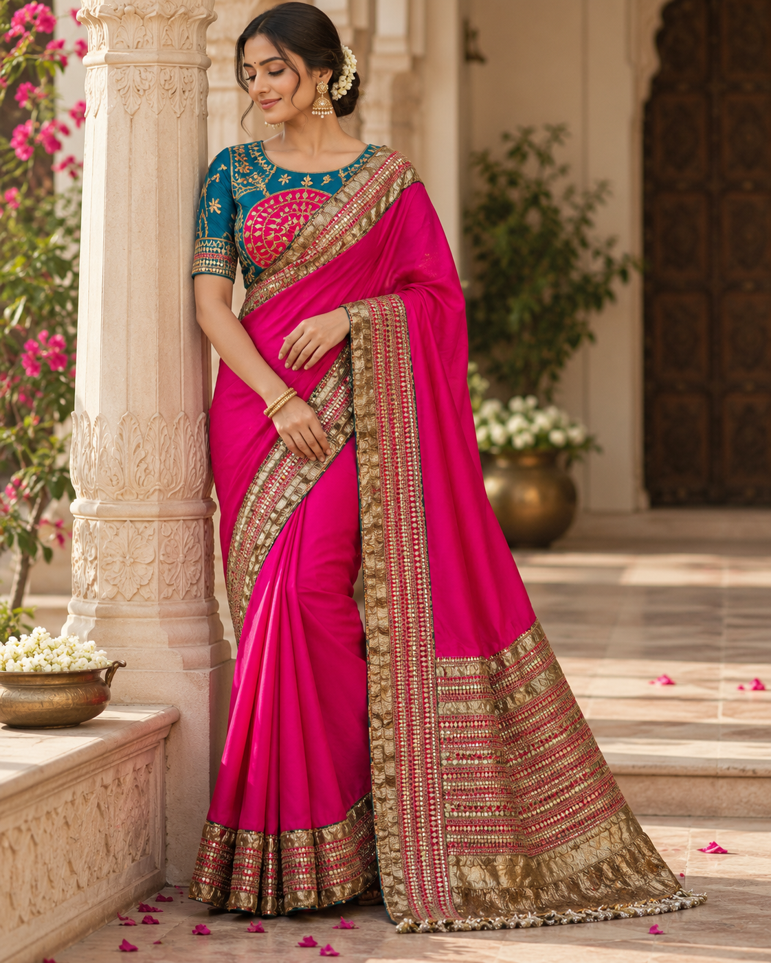 Shringaar — Rani Pink Pure Chiffon Saree with Hyderabadi Gota & Zardoji