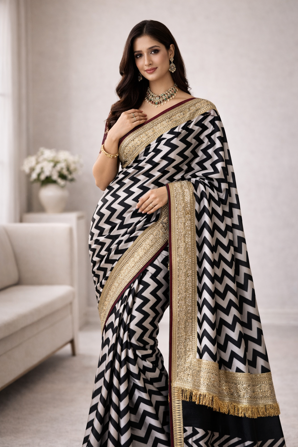 Black & White Zig Zag Satin Saree with Kiran Details