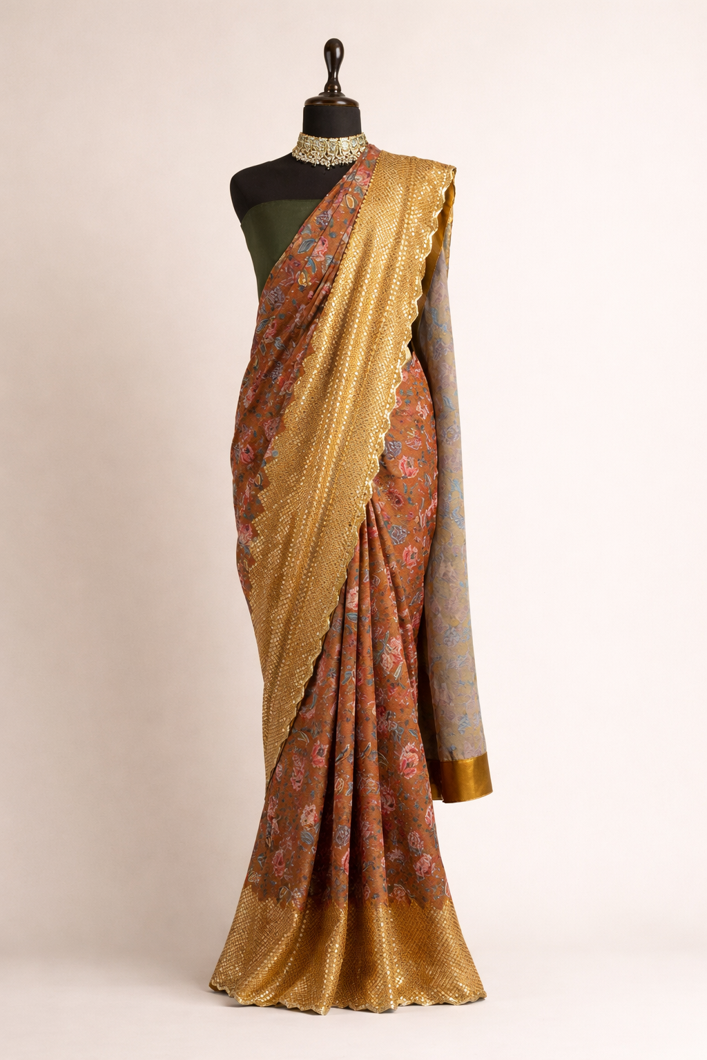 Detail view of Elegant Crepe Saree with Handcrafted Sequin Border