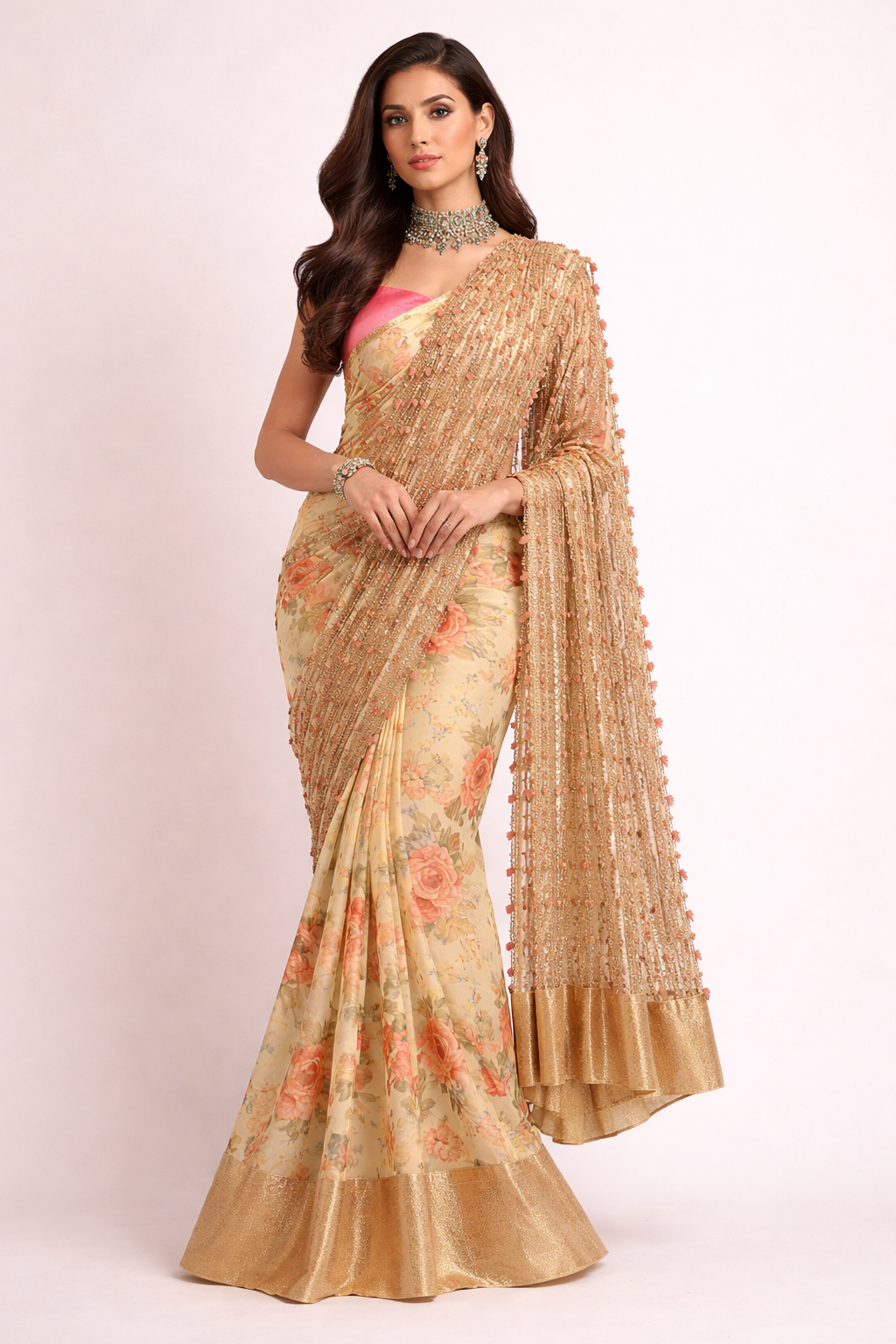 Detail view of Floral Yellow Saree with Coin Detailing Work