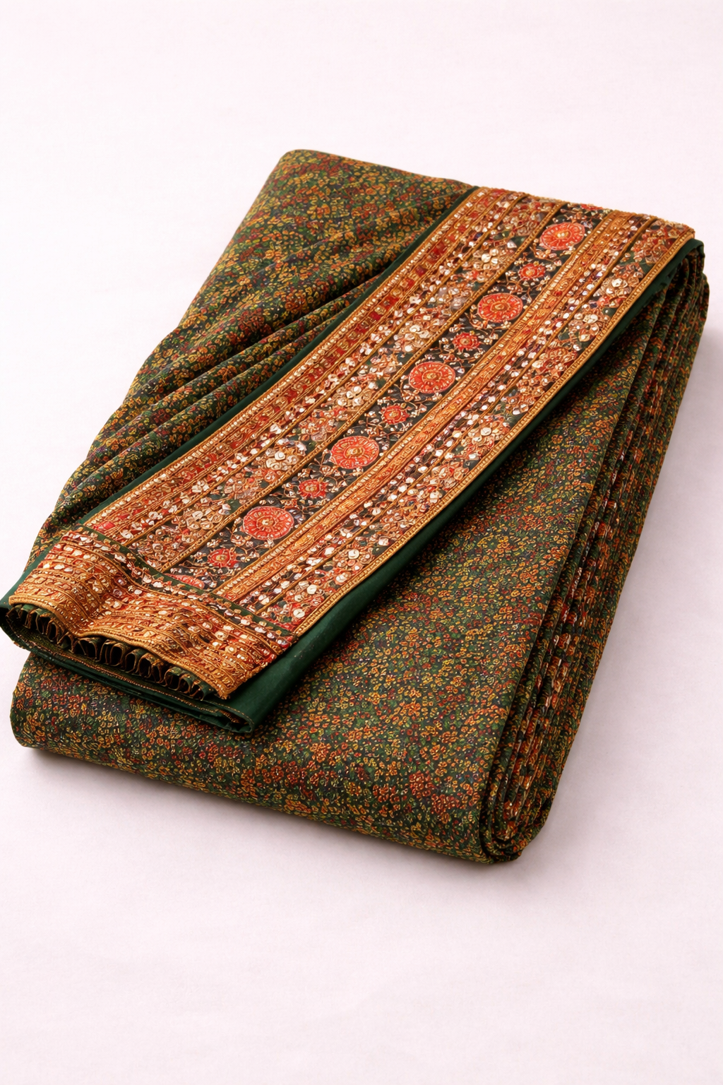 Detail view of Forest Green Crepe Saree with Sequin Work