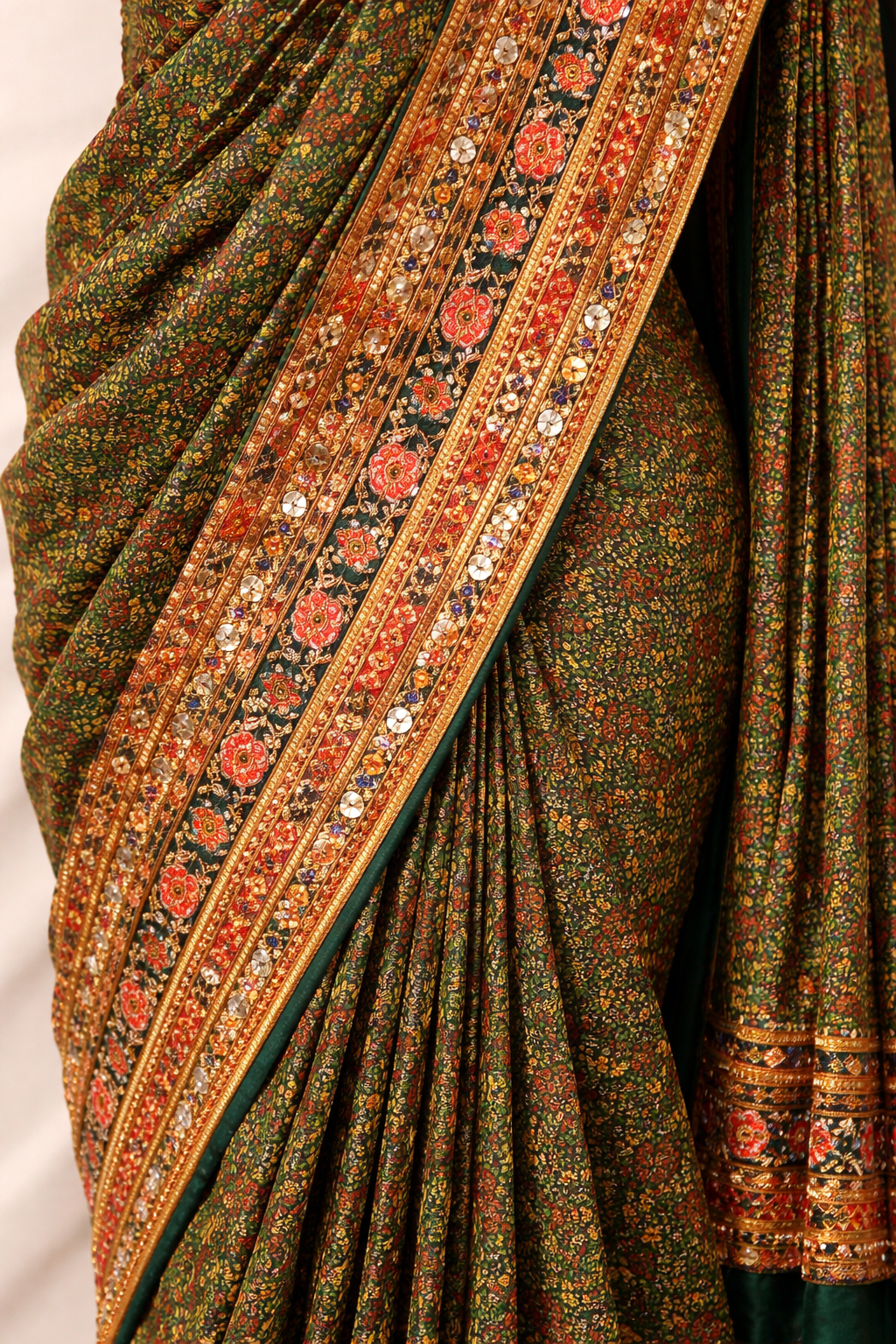 Detail view of Forest Green Crepe Saree with Sequin Work