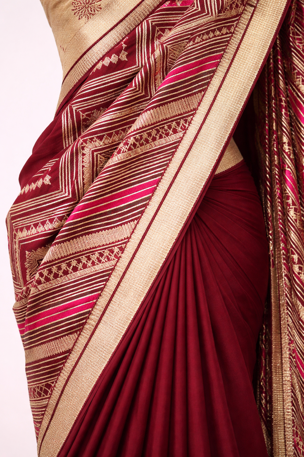 Detail view of Half & Half Georgette Saree with Gota Work – Bottle Maroon