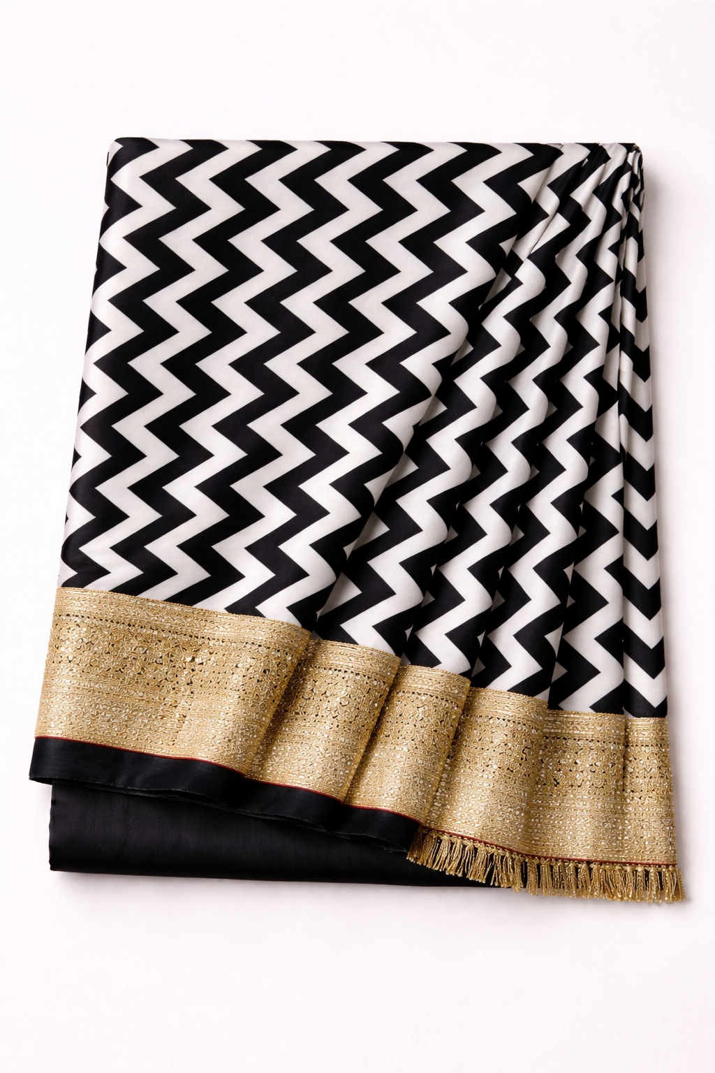 Detail view of Black & White Zig Zag Satin Saree with Kiran Details