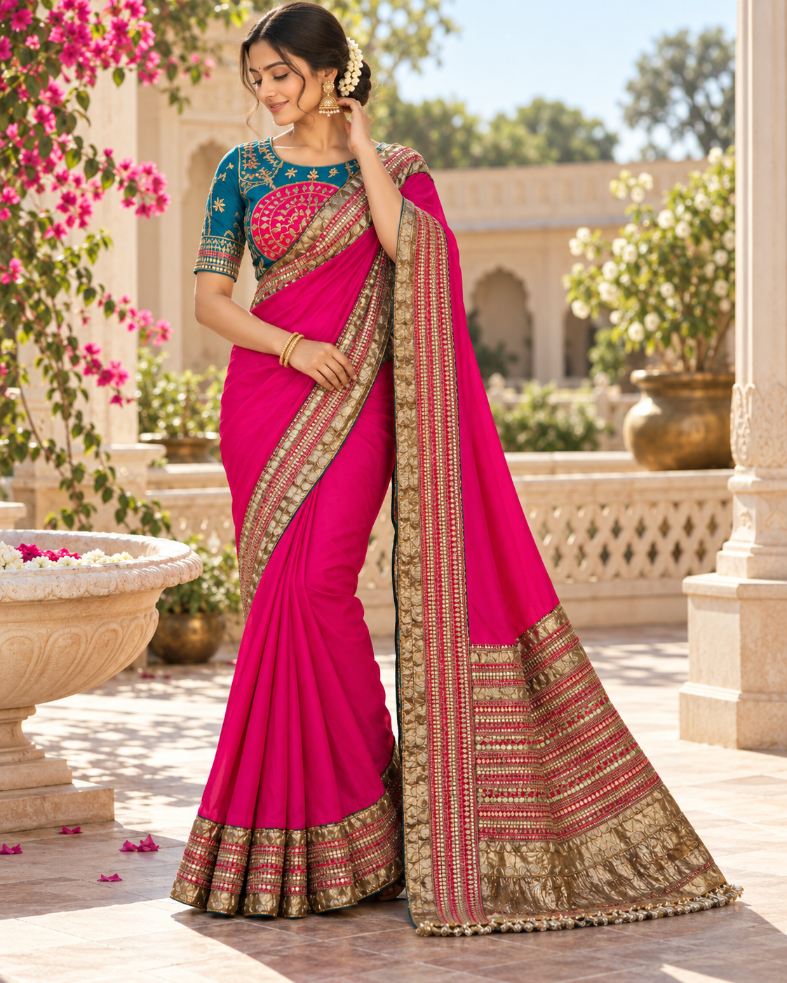 Detail view of Shringaar — Rani Pink Pure Chiffon Saree with Hyderabadi Gota & Zardoji