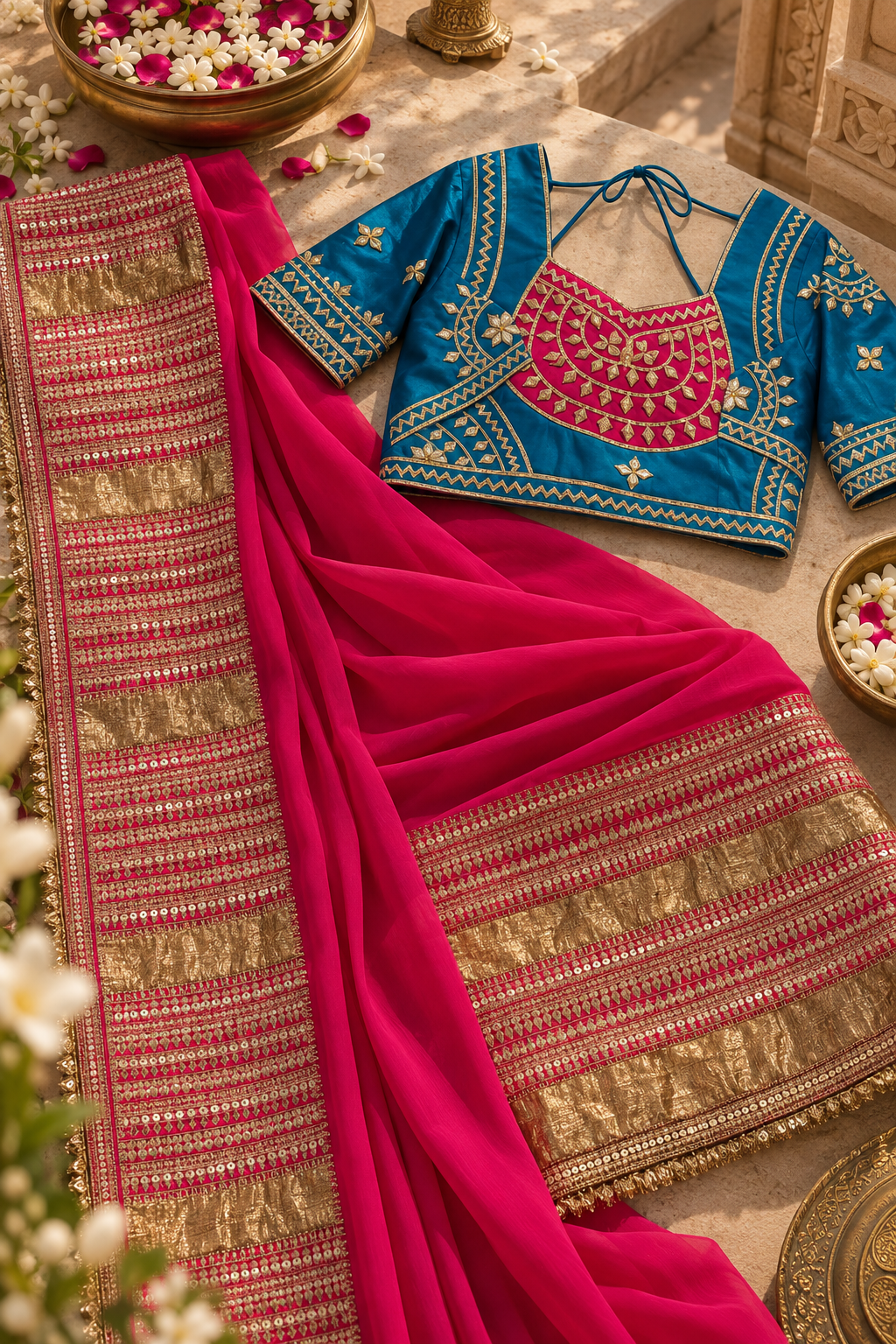 Detail view of Shringaar — Rani Pink Pure Chiffon Saree with Hyderabadi Gota & Zardoji