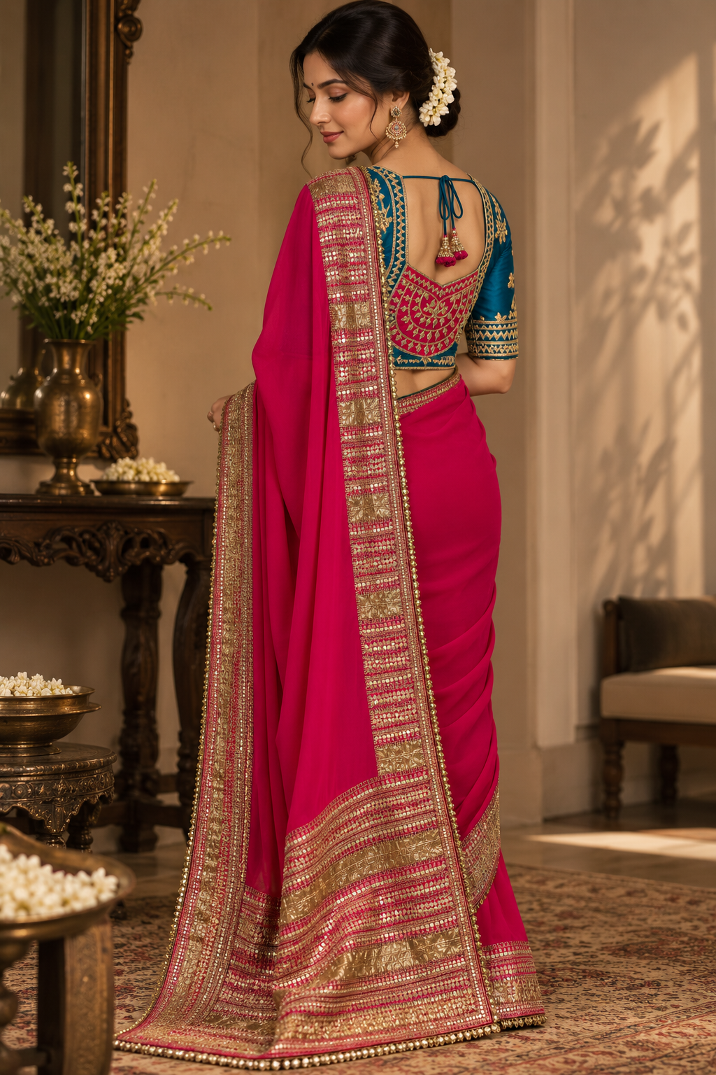 Detail view of Shringaar — Rani Pink Pure Chiffon Saree with Hyderabadi Gota & Zardoji