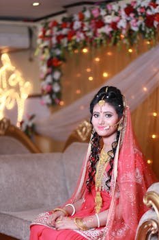 South Asian bride in traditional wedding attire with floral and gold accents indoors.
